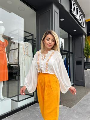 Keten İşlemeli Etnik Desen Bluz