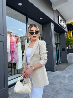 Keten Kendinden Çizgili Blazer Ceket