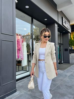 Keten Kendinden Çizgili Blazer Ceket