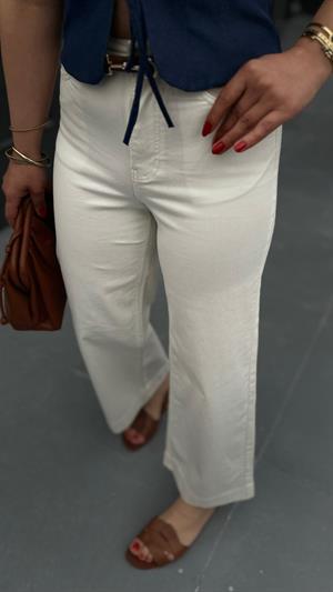 Kırık Beyaz Premium Geniş Paça Midi Pantolon 