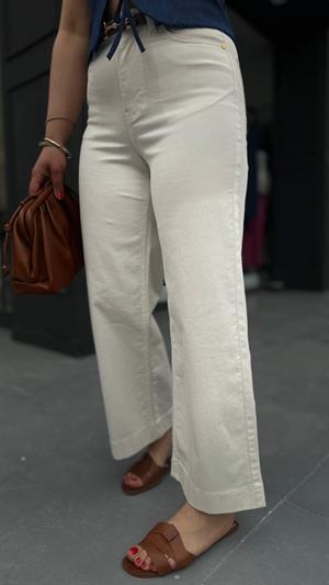 Kırık Beyaz Premium Geniş Paça Midi Pantolon 
