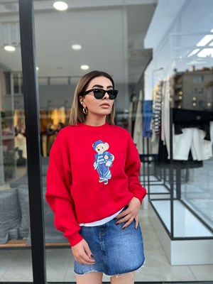 Kırmızı Bear Baskılı Sweat