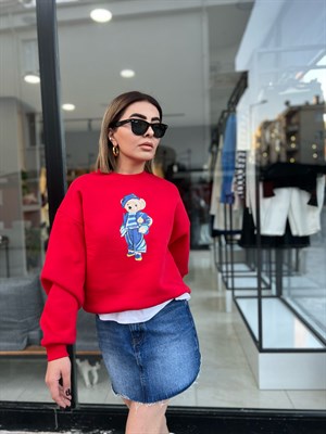 Kırmızı Bear Baskılı Sweat
