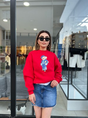 Kırmızı Bear Baskılı Sweat