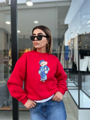 Kırmızı Bear Baskılı Sweat