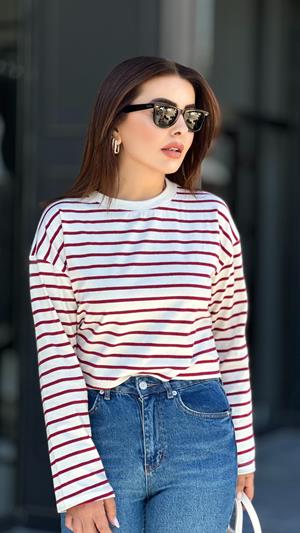 Kırmızı Beyaz Çizgili Sweatshirt  