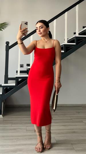 Kırmızı Çelik Örme Askılı Elbise