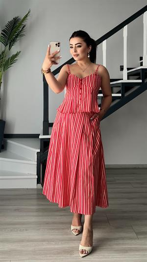 Kırmızı Çizgili Crop Etek Takım