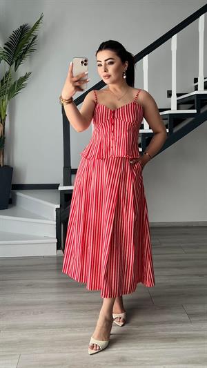 Kırmızı Çizgili Crop Etek Takım