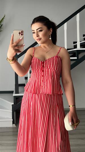 Kırmızı Çizgili Crop Etek Takım