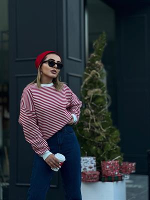 Kırmızı Çizgili Oversize Sweatshirt 