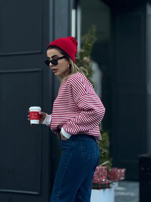 Kırmızı Çizgili Oversize Sweatshirt 