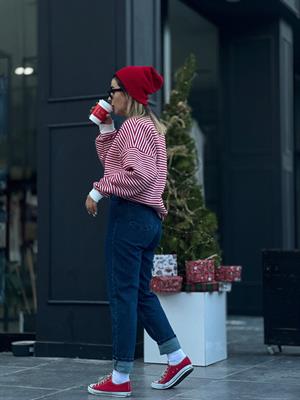 Kırmızı Çizgili Oversize Sweatshirt 