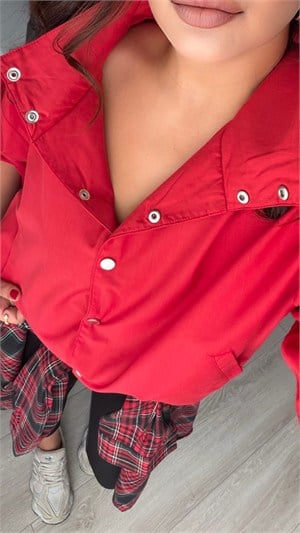 Red Stand-Up Collar Shirred Detail Lined Raincoat