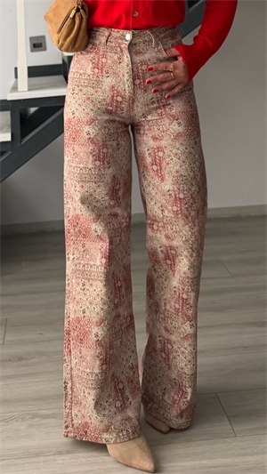Kırmızı-Krem Etnik Desen Flare Pantolon
