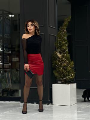 Kırmızı Mini Drapeli Deri Etek