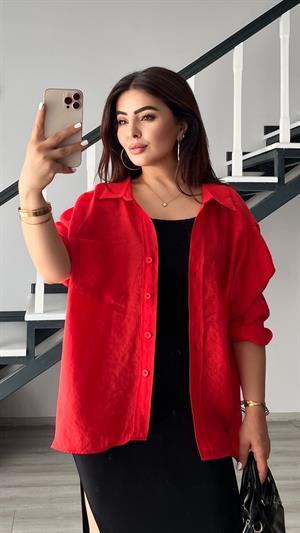 Kırmızı Oversize Tnsel Gömlek