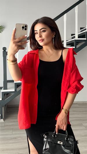 Kırmızı Oversize Tnsel Gömlek