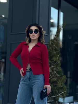 Kırmızı Polo Yaka Çelik Örme Düğmeli Triko Bluz