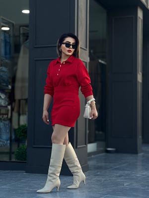 Kırmızı Polo Yaka Gold Düğme Detay Çelik Triko Takım
