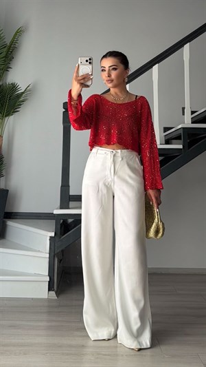 Red Sequin Oversized Knit Blouse