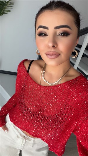 Red Sequin Oversized Knit Blouse