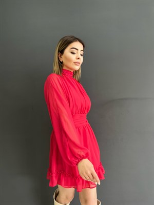 Kırmızı Sırt Pencereli Şifon Elbise