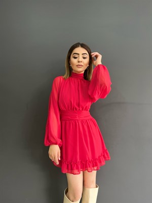 Kırmızı Sırt Pencereli Şifon Elbise