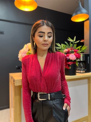 Kırmızı V Yaka Vatkalı Simli Bluz