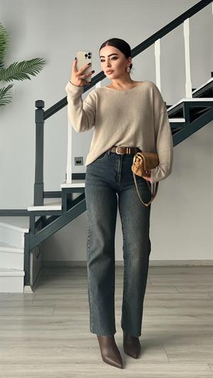 Koyu Mavi Kemerli Kesik Paça Premium Jean