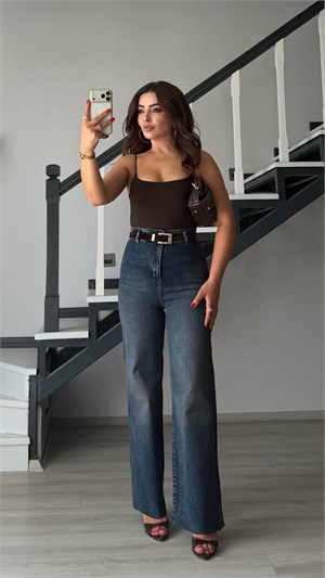 Dark Blue Belted Stretch Straight Jeans