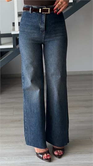 Dark Blue Belted Stretch Straight Jeans