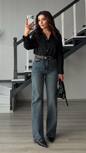 Dark Blue Straight Jeans with Belt and Lycra