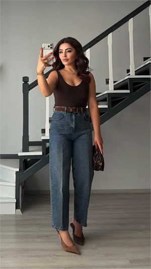 Dark Blue Belted Skater Jeans