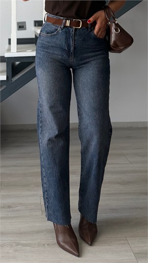 Dark Blue Belted Straight Jeans