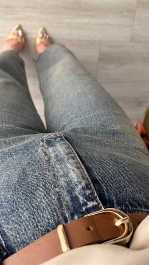 Koyu Mavi Likralı Kemerli Kısa Wide Leg Jean 