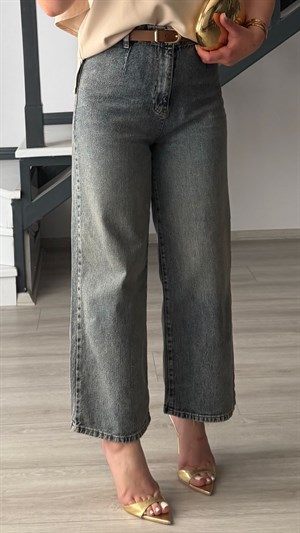 Koyu Mavi Likralı Kemerli Kısa Wide Leg Jean 