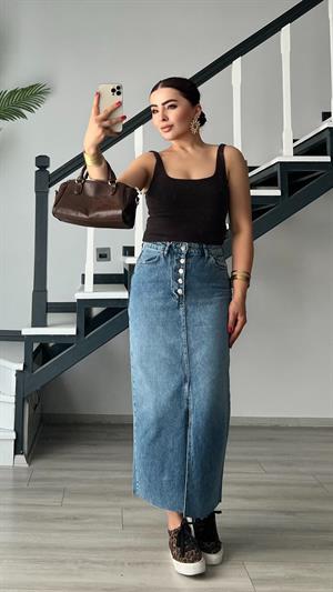 Koyu Mavi OSL2 5 Düğme Yırtmaçlı Denim Etek