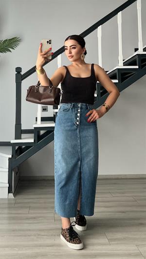 Koyu Mavi OSL2 5 Düğme Yırtmaçlı Denim Etek