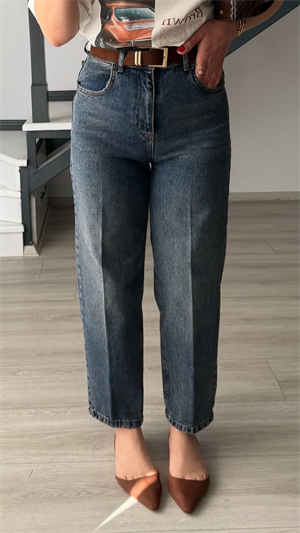 Koyu Mavi Süet Kemerli Skater Jean