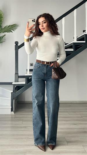 Koyu Mavi Süet Kemerli Straight Jean