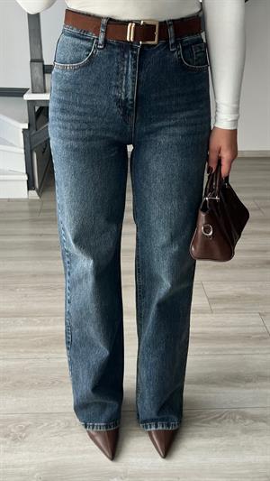 Koyu Mavi Süet Kemerli Straight Jean