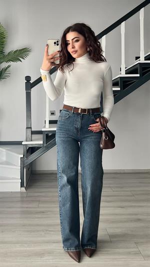 Koyu Mavi Süet Kemerli Straight Jean