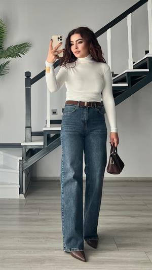 Koyu Mavi Süet Kemerli Straight Jean