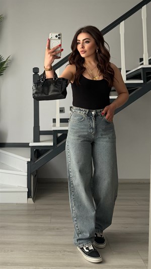 Koyu Mavi Yıkamalı Baggy Jean