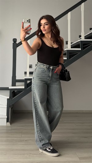 Koyu Mavi Yıkamalı Baggy Jean