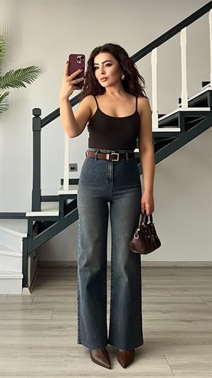 Koyu Mavi Yıkamalı Kemerli Likralı Straight Jean