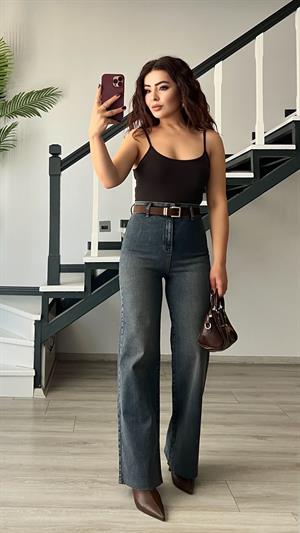 Koyu Mavi Yıkamalı Kemerli Likralı Straight Jean
