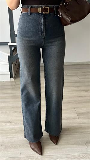 Koyu Mavi Yıkamalı Kemerli Likralı Straight Jean