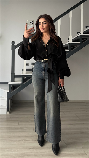 Koyu Mavi Yıkamalı Kemerli Straight Jean